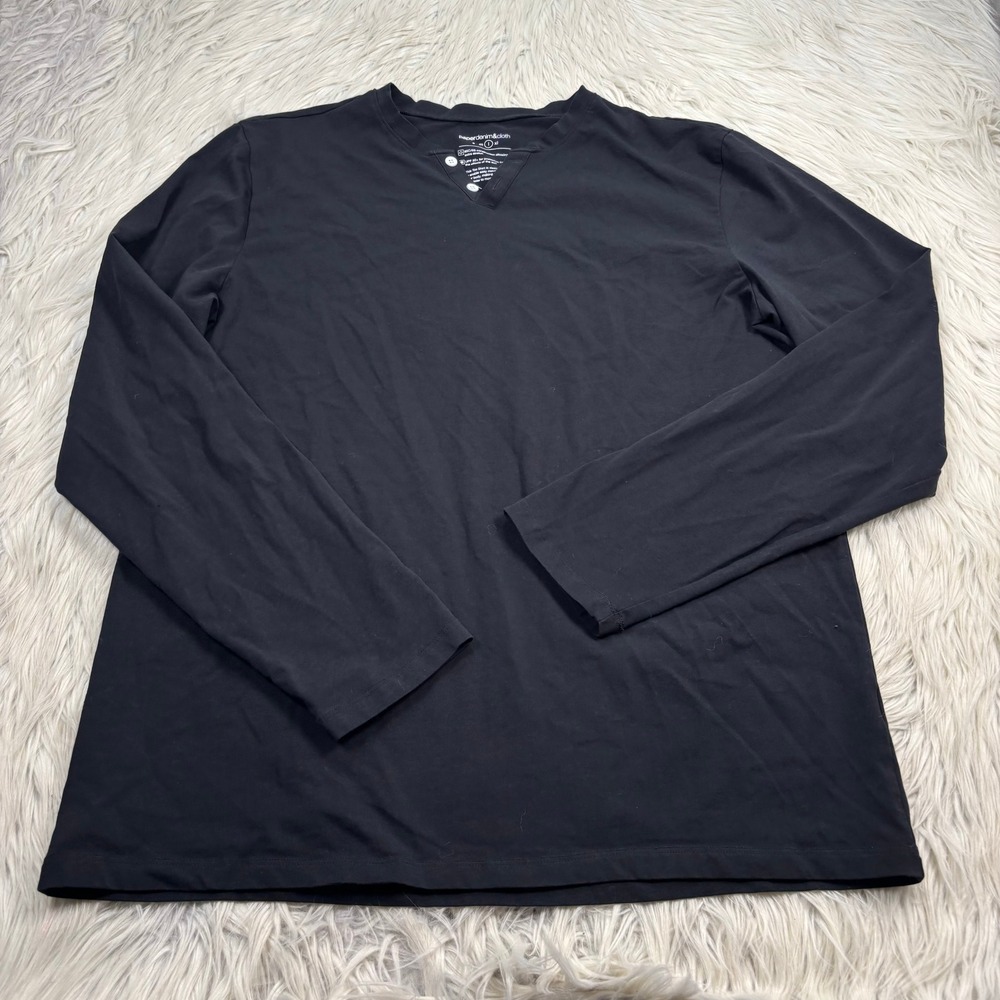 Paper Denim & Cloth Men's L Black High V-Neck Henley Long Sleeve Tee Moto Rocker